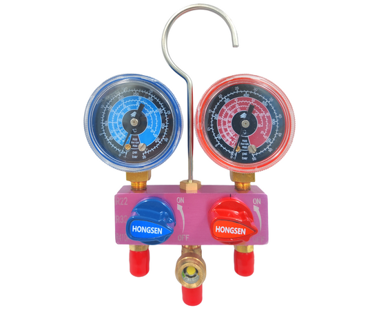 Манометрический коллектор HONGSEN HS-M02-410-22-A (R22/32/410; 2-х вент; шланги 1.2м-1/4х5/16"SAE до 41 Bar; 2 адаптера штуцер 5/16"-R410A; гайка 1/4"-R22, в кейсе), фото 