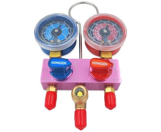 Манометрический коллектор HONGSEN HS-M02-410-22-A (R22/32/410; 2-х вент; шланги 1.2м-1/4х5/16"SAE до 41 Bar; 2 адаптера штуцер 5/16"-R410A; гайка 1/4"-R22, в кейсе), фото , изображение 2