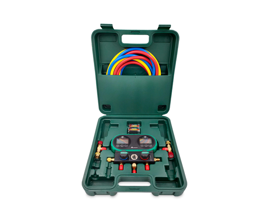 Цифровая манометрическая 2х вентильная станция HONGSEN HS-DVS60-101A (3 шланга 1.5м-1/4"SAE до 55Bar; 2 вентиля с нажимом на ниппель гайка 5/16", штуцер 1/4" SAE), фото 