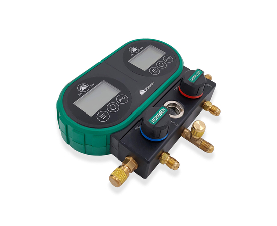 Цифровая манометрическая 2х вентильная станция HONGSEN HS-DVS60-101A (3 шланга 1.5м-1/4"SAE до 55Bar; 2 вентиля с нажимом на ниппель гайка 5/16", штуцер 1/4" SAE), фото , изображение 4