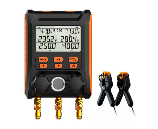 Цифровой манометрический 2х вентильный  коллектор Elitech MS-1000S (2 датчика WTP-1, 3 шланга 1,5м до 55bar, 2 адаптера, кейс), фото , изображение 2