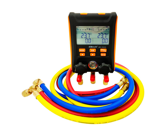 Цифровой манометрический 2х вентильный  коллектор Elitech MS-1000S (2 датчика WTP-1, 3 шланга 1,5м до 55bar, 2 адаптера, кейс), фото , изображение 5