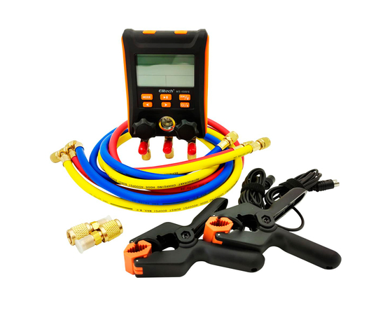 Цифровой манометрический 2х вентильный  коллектор Elitech MS-1000S (2 датчика WTP-1, 3 шланга 1,5м до 55bar, 2 адаптера, кейс), фото , изображение 6