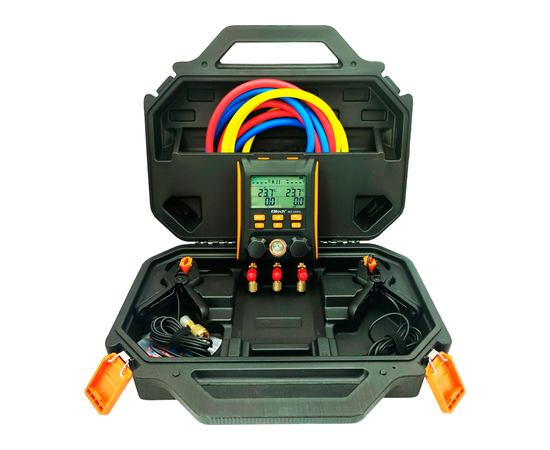 Цифровой манометрический 2х вентильный  коллектор Elitech MS-1000S (2 датчика WTP-1, 3 шланга 1,5м до 55bar, 2 адаптера, кейс), фото 