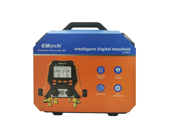 Цифровой манометрический 4х вентильный коллектор Elitech MS-870S-03 (2 датчика WTP-1, 3 шланга с вентилями 1.5м 1/4"SAE, 1 шланг 1,5м 3/8"SAE, 2 адаптера, сервисный вентиль, кейс), фото , изображение 11