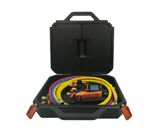 Цифровой манометрический 4х вентильный коллектор Elitech MS-870S-03 (2 датчика WTP-1, 3 шланга с вентилями 1.5м 1/4"SAE, 1 шланг 1,5м 3/8"SAE, 2 адаптера, сервисный вентиль, кейс), фото , изображение 2