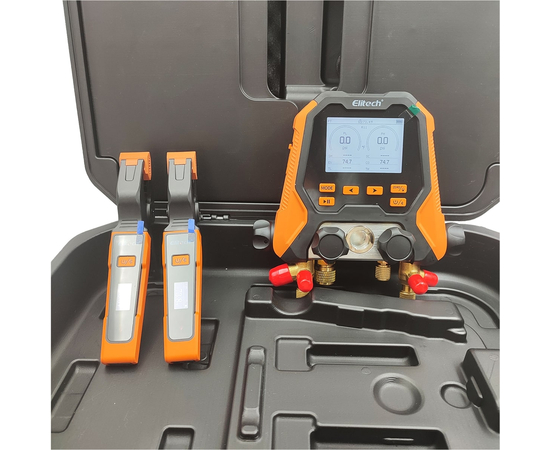 Цифровой манометрический 4х вентильный коллектор Elitech MS-870S-01 (2 датчика IPT-01S, 3 шланга с вентилями 1.5м 1/4"SAE, 1 шланг 1,5м 3/8"SAE, 2 адаптера, сервисный вентиль, кейс), фото , изображение 3