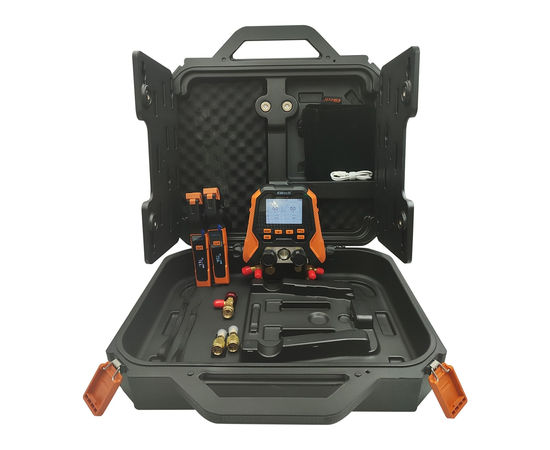 Цифровой манометрический 4х вентильный коллектор Elitech MS-870S-01 (2 датчика IPT-01S, 3 шланга с вентилями 1.5м 1/4"SAE, 1 шланг 1,5м 3/8"SAE, 2 адаптера, сервисный вентиль, кейс), фото , изображение 2