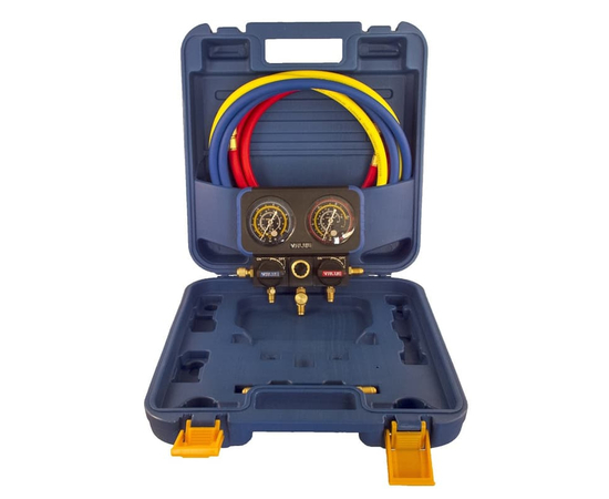 Манометрический коллектор Value VRM2-B-0401 (R22, R134A, R410A, R407C; 2-х вентильный; 3 шланга 150см, переходники с R-410A / R-22; упак. кейс), фото , изображение 3
