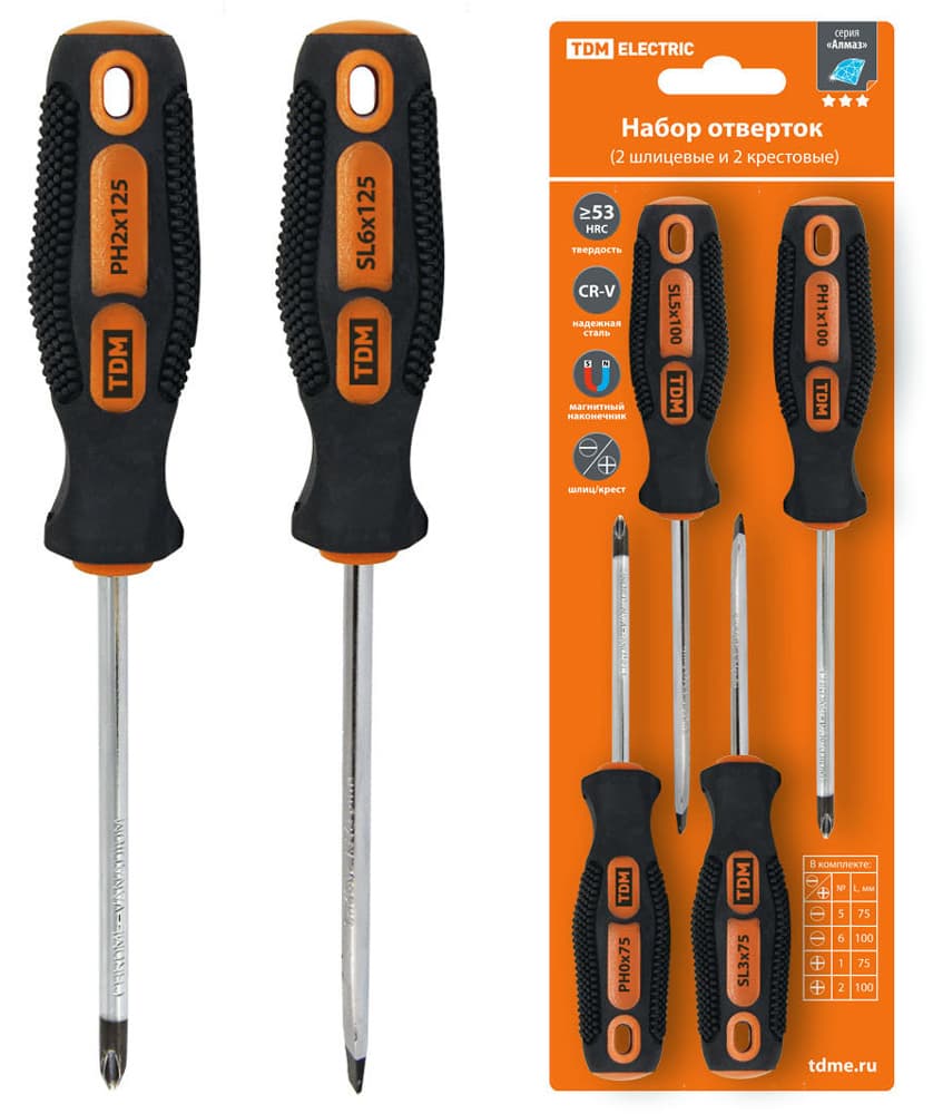 Набор отверток TDM -4шт.: SL5x75, SL6х100, PH1х75, РH2х100 (блистер), CR-V "Алмаз"