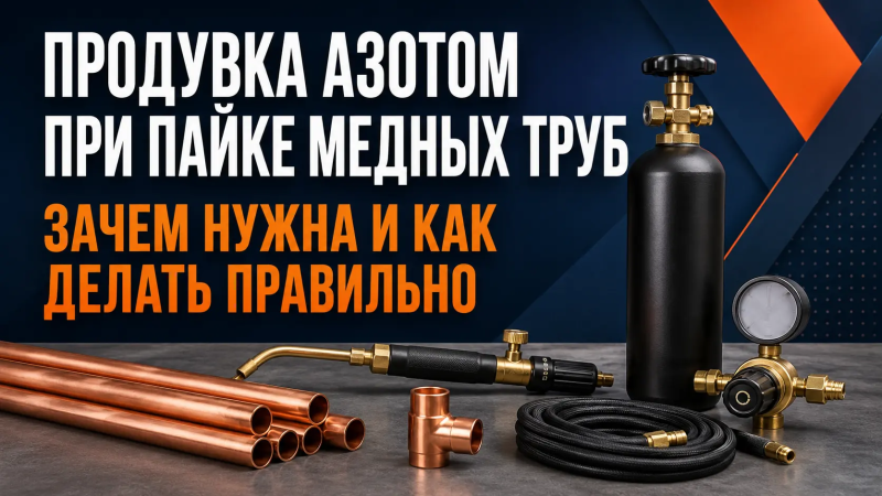Продувка азотом при пайке медных труб холодильного контура
