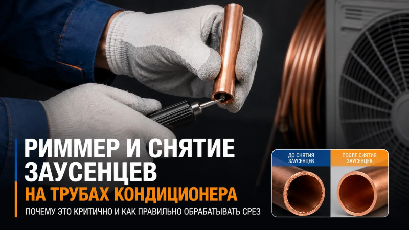 Снятие заусенцев риммером с медной трубы кондиционера
