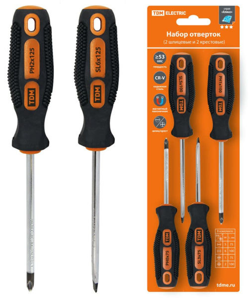 Набор отверток TDM -4шт.: SL5x75, SL6х100, PH1х75, РH2х100 (блистер), CR-V "Алмаз"