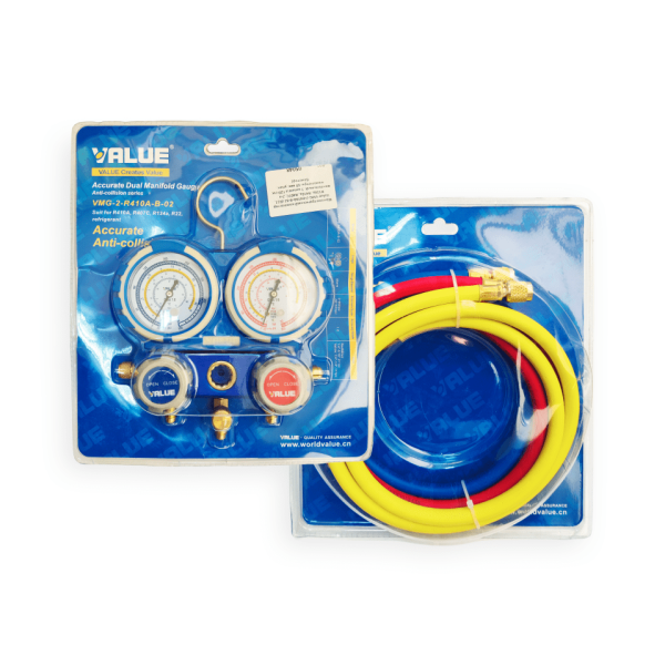 Манометрический коллектор Value VMG-2-R410A-B-02  (R22, R134a, R410a, R407C; 2-х вентильный; 3 шланга 120 см; манометры 68 мм; упак. блистер)