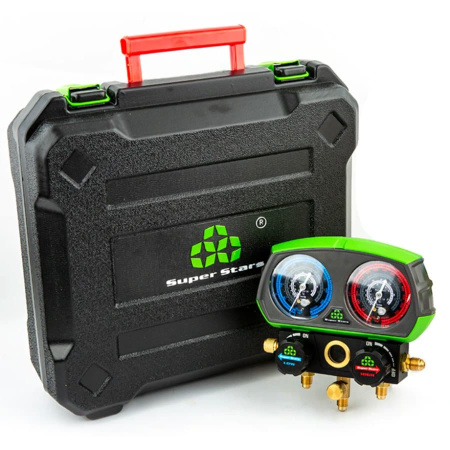 Манометрическая станция Super Stars ST-B280(R22/404/407/410, 2-х вентильный; шланги 1.5м, 55 Bar-1/4"SAE, 2 адаптера R410xR22 манометры 80мм, в кейсе)