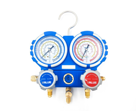 Манометрический коллектор VALUE VMG-2-R22 (R404,407,134,22) 2-х вентильный  в пластиковом кейсе, 3 шланга 120 см, манометры 80 мм, 1/4" SAE