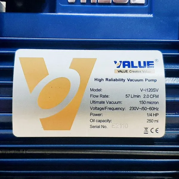 Вакуумный насос Value VI-120SV (1ст., 57 л/мин, 20 Па, 6.7 кг, вакуумметр, соленоидный вентиль)