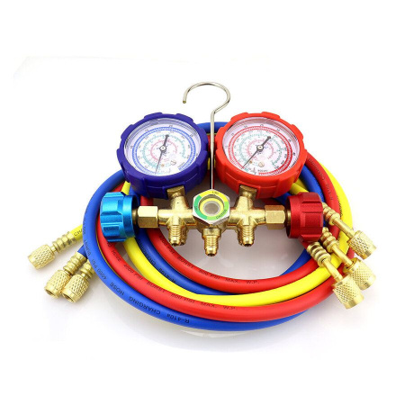 Манометрическая станция DSZH WK-536G-R410A (R22/134/404/407/410, 2-х вентильная; латунный корпус, шланги 0.9м до 55 Bar, 5/16")