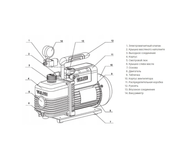 Вакуумный насос Value VI-220SV (2ст; 51 л/мин; 2 Па; 8.6 кг, вакуумметр, соленоидный вентиль)