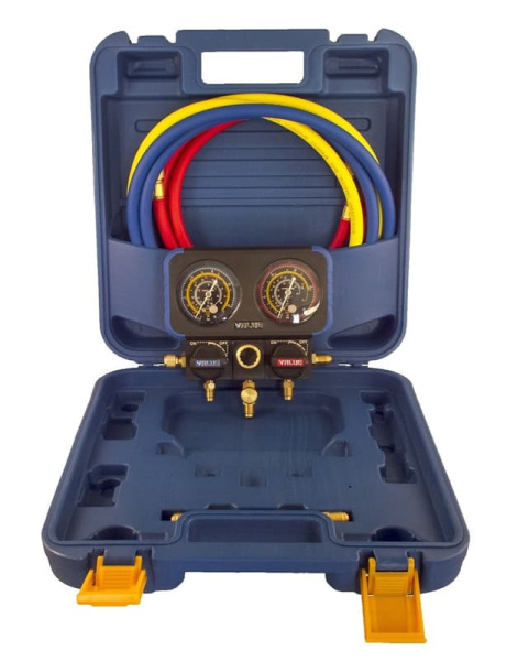 Манометрический коллектор Value VRM2-B-0401 (R22, R134A, R410A, R407C; 2-х вентильный; 3 шланга 150см, переходники с R-410A / R-22; упак. кейс)1