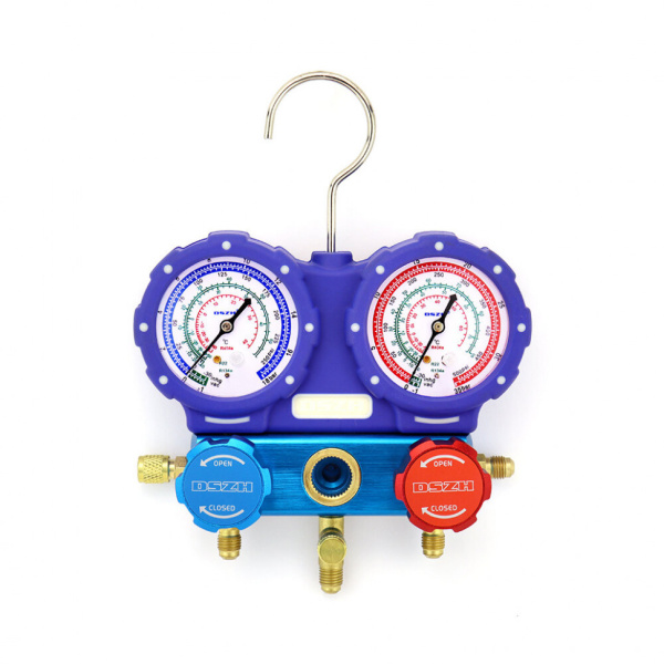 Манометрическая станция DSZH WK-P6002B (22/404/407/410; 2-х вентильный; шланги 1.5м до 55 Bar-1/4"SAE, 2 адаптера R410 x R22, манометры 80мм, в кейсе)
