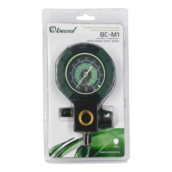 Манометрический коллектор BC-M1 (R134a; R404A; R407C, R507A, 1 вентильный, смотровое стекло, манометр 68мм; без шлангов)