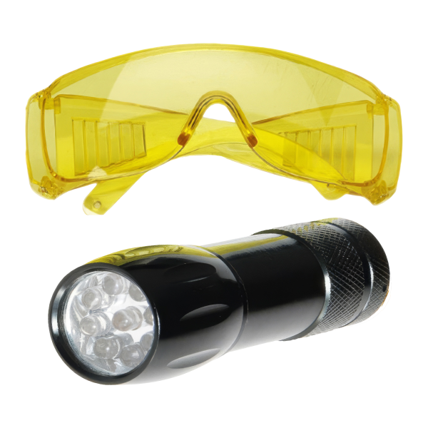 UV-лампа Mini Bright Torch, питание 3 батарейки ААА, очки ERRECOM RK1230