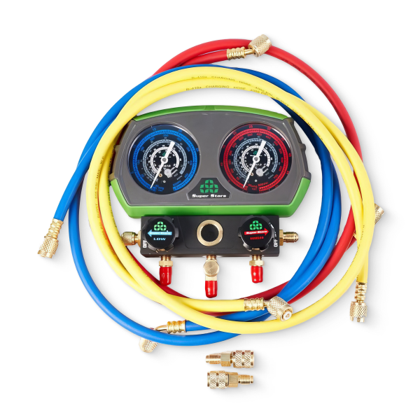 Манометрическая станция Super Stars ST-B280(R22/404/407/410, 2-х вентильный; шланги 1.5м, 55 Bar-1/4"SAE, 2 адаптера R410xR22 манометры 80мм, в кейсе)