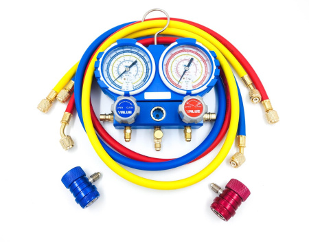 Манометрический коллектор VALUE VMG-2-R134A (2-х вентильный; 3 шланга 120 см; вентили быстросъемные, манометры 80 мм; упак. кейс)