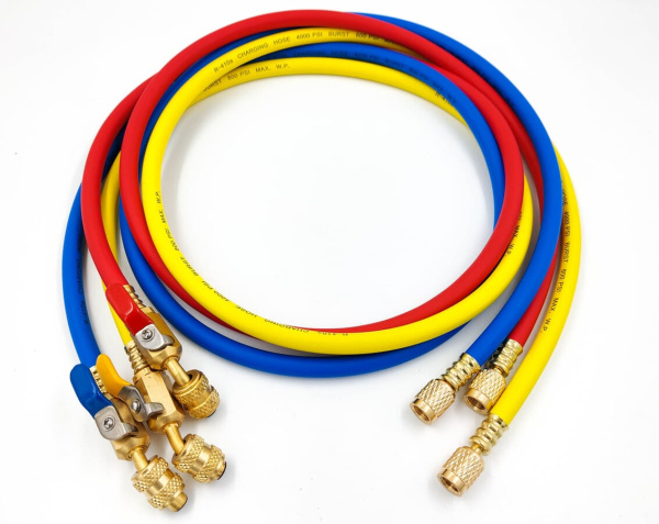 Заправочные шланги с вентилем DSZH CT-360-RYB-HV-R32/410A 1.5м, 1/4"-5/16" SAE, до 55 Bar