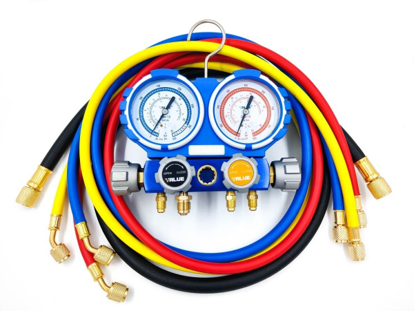 Манометрический коллектор Value VMG-4-R410A (R22, R134a, R410a, R407C; 4-х вентильный; 4 шланга 120 см; манометры 80 мм; упак. кейс)