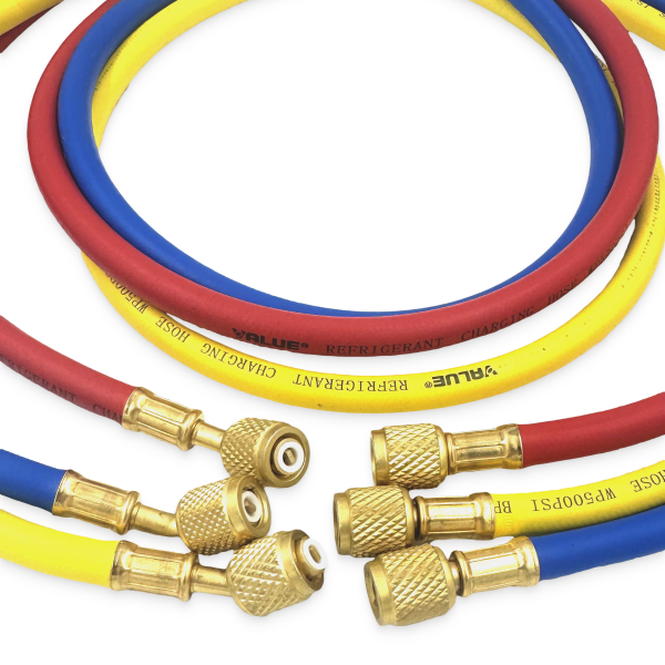 Заправочные шланги Value VRP-U-RYB (1.5 м; 1/4" SAE; набор для R12, 22, 134, 404, 407, 507) до 34 Bar