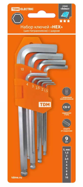 Набор ключей TDM  "HEX" 9 шт.: 1.5-10 мм, длинные с шаром, (держатель в блистере), CR-V сталь "Алмаз"