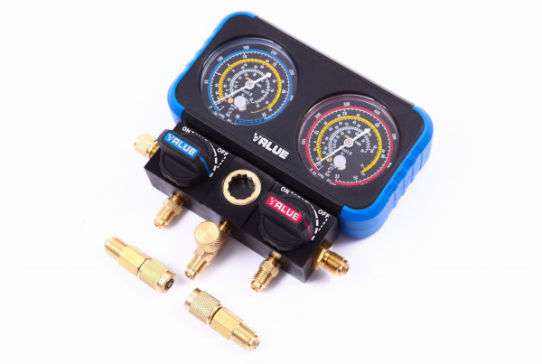 Манометрический коллектор Value VRM2-B-0401 (R22, R134A, R410A, R407C; 2-х вентильный; 3 шланга 150см, переходники с R-410A / R-22; упак. кейс)1
