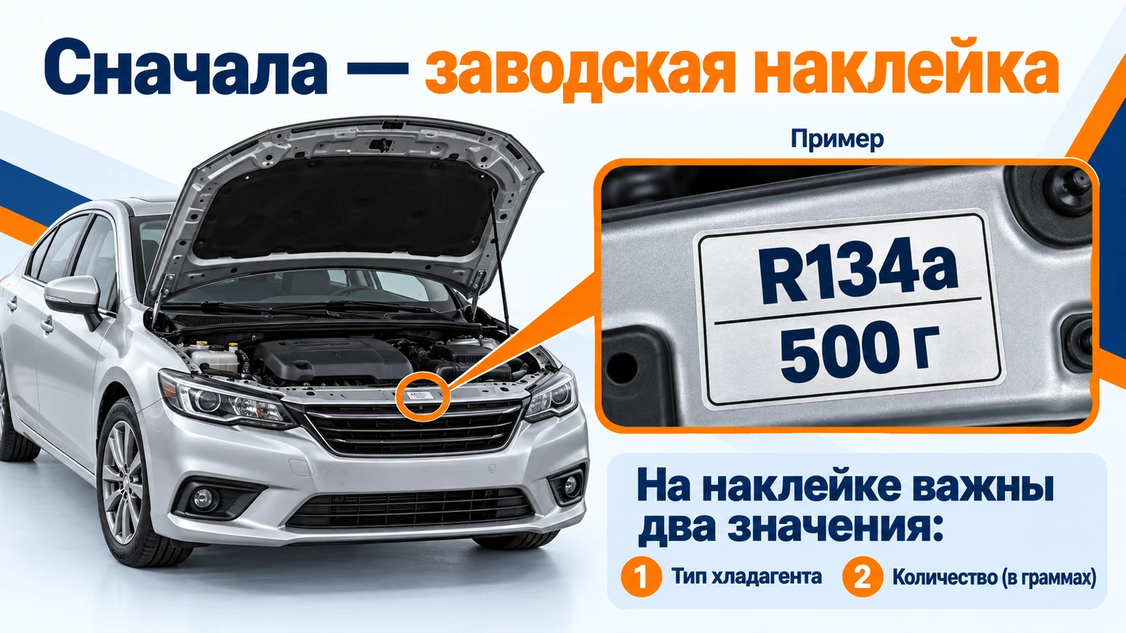 Пример заводской наклейки с типом R134a и массой 500 г